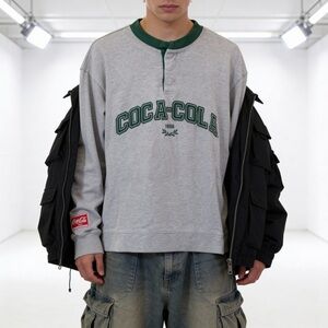 PacSun Coca-Cola Vintage Look Henley Tee Gray Green Retro Streetwear Size S